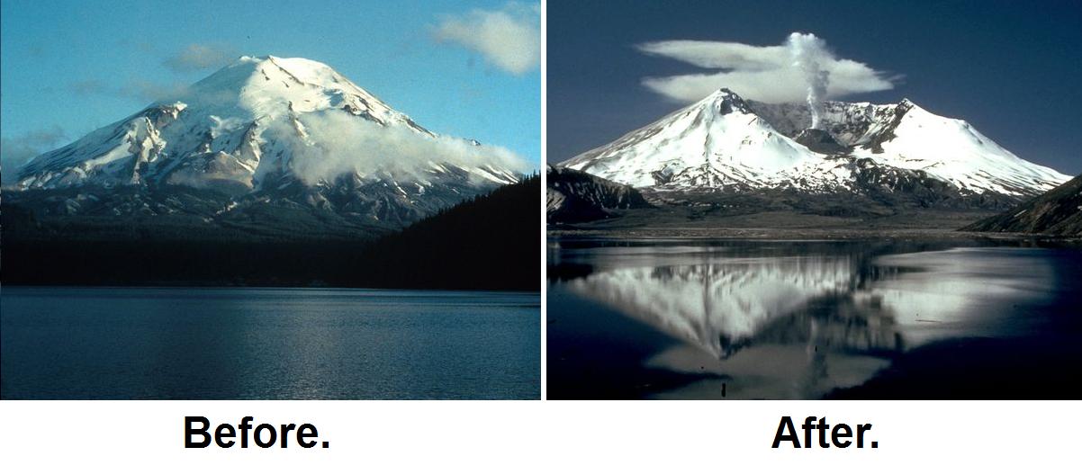 Mt St. helens immedately before and after it's catstrophic 1980 eruption.  Can we all agree that massive geological changes can occur over a very short period of time?